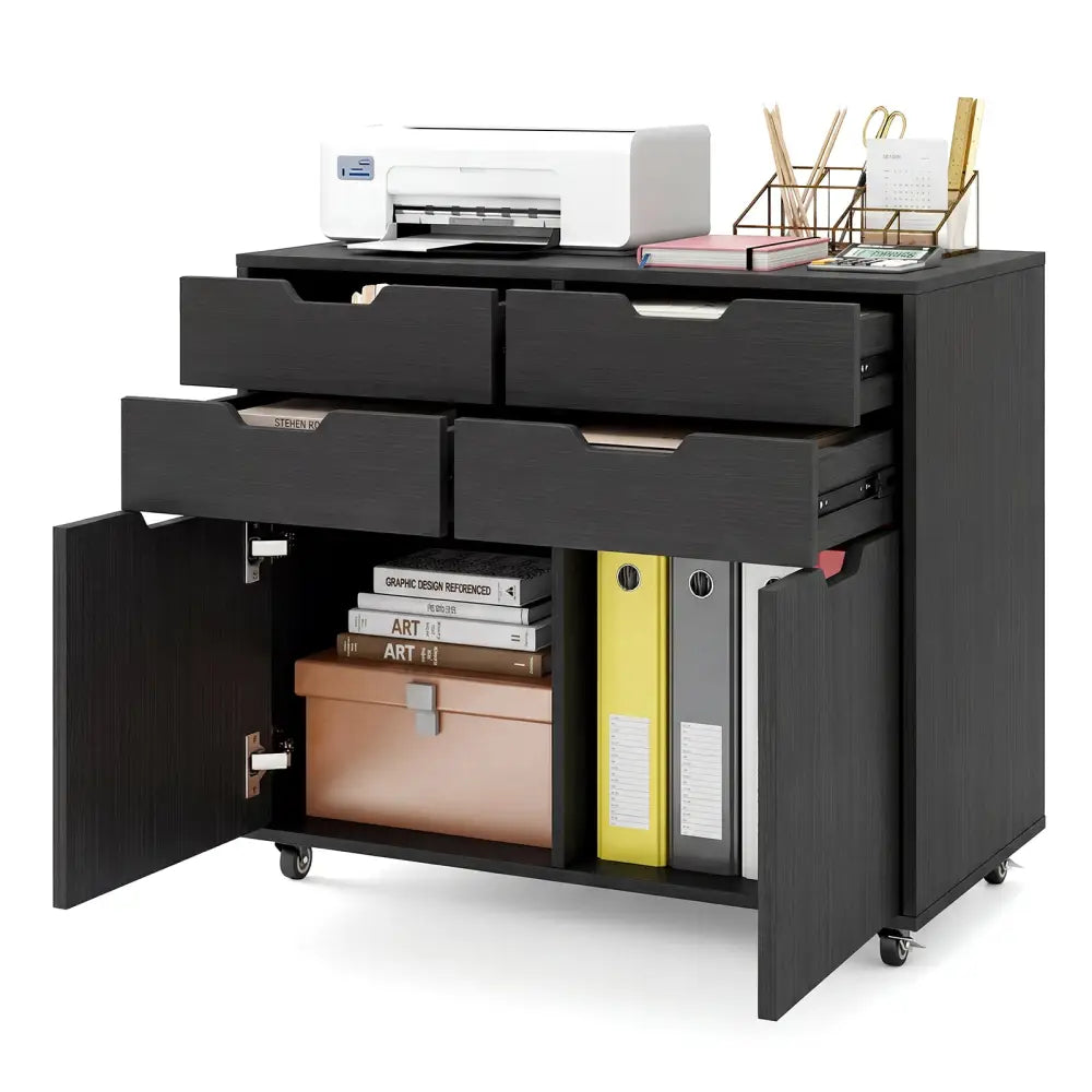 4 Drawer File Cabinet with Wheels for Home Office Organization-Black - Black - File Cabinets