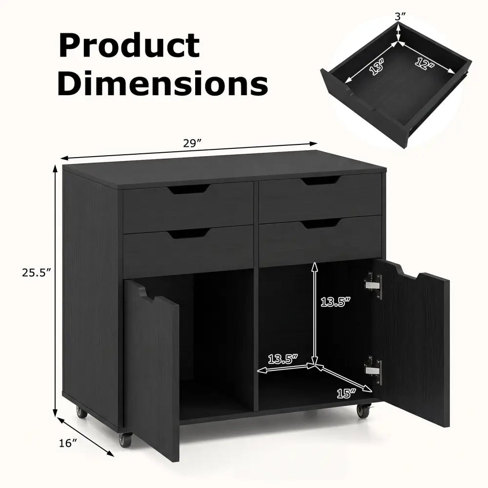 4 Drawer File Cabinet with Wheels for Home Office Organization-Black - Black - File Cabinets