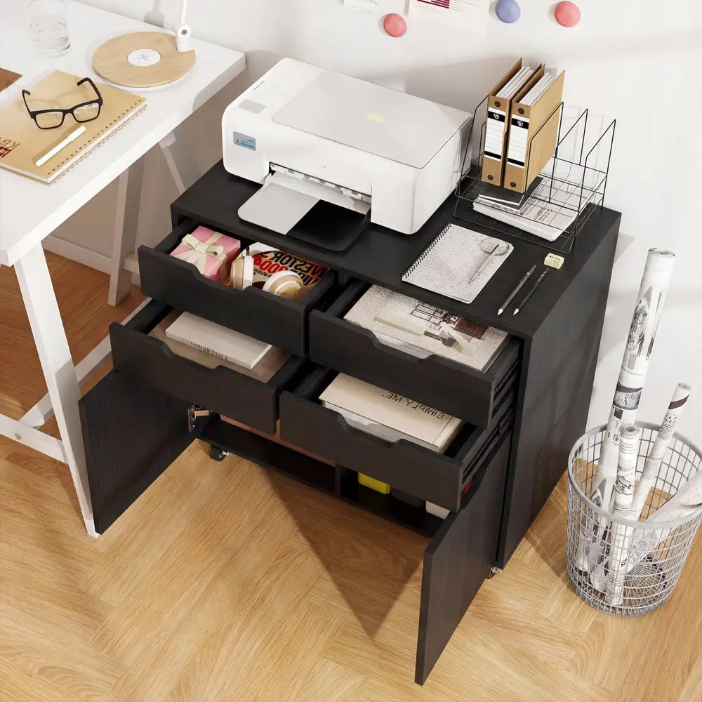 4 Drawer File Cabinet with Wheels for Home Office Organization-Black - Black - File Cabinets
