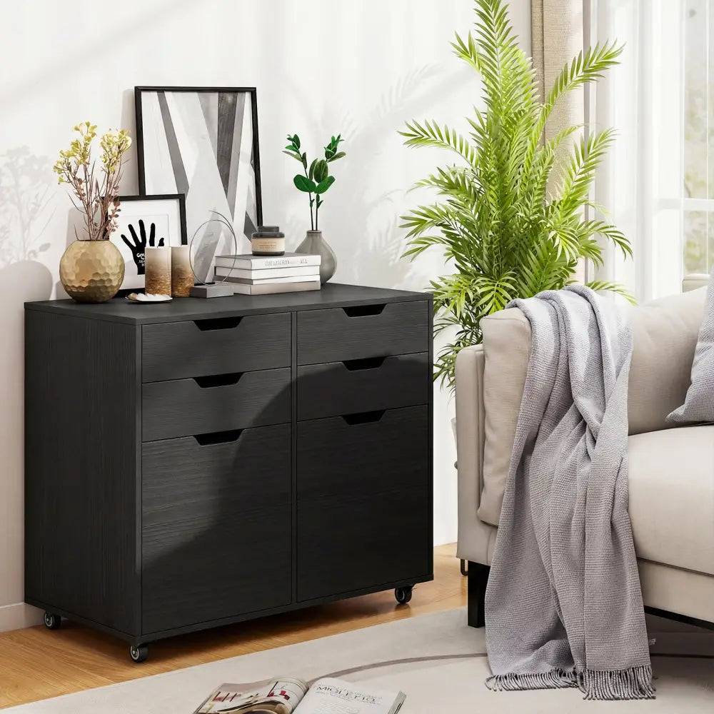 4 Drawer File Cabinet with Wheels for Home Office Organization-Black - Black - File Cabinets