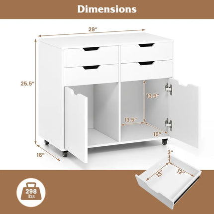 4 Drawer File Cabinet with Wheels for Home Office Organization-White Costway