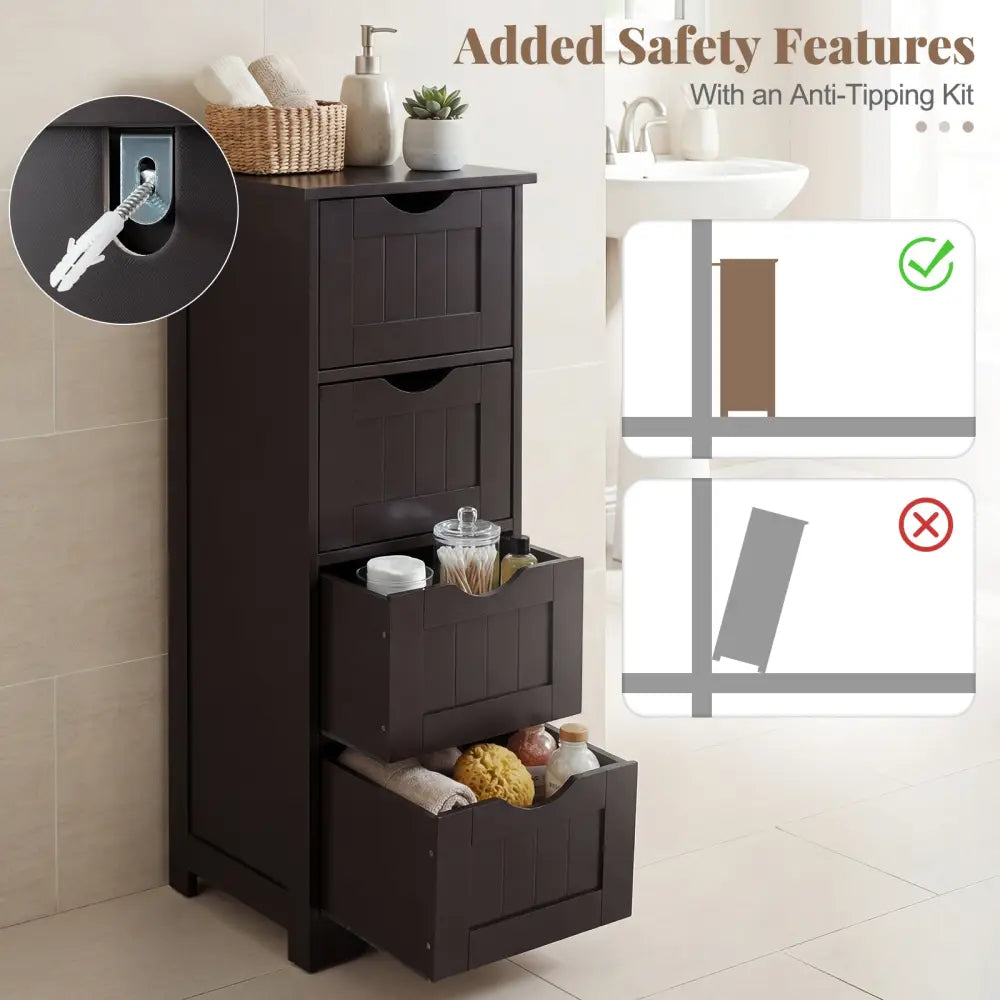 4-Drawer Freestanding Floor Cabinet with Anti-Toppling Device-Dark Brown - Dark Brown - Floor Cabinets