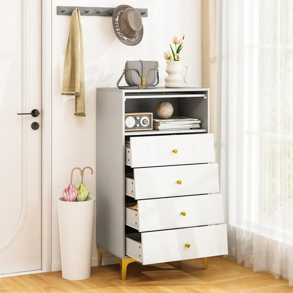 4 Drawer Modern Storage Cabinet with Flip Up Fluted Glass Door-Gray and White - Gray & White - Cabinets & Chests