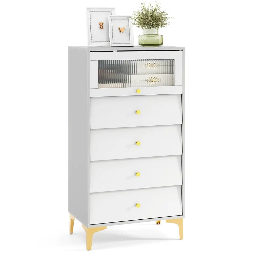 4 Drawer Modern Storage Cabinet with Flip Up Fluted Glass Door-Gray and White - Gray & White - Cabinets & Chests