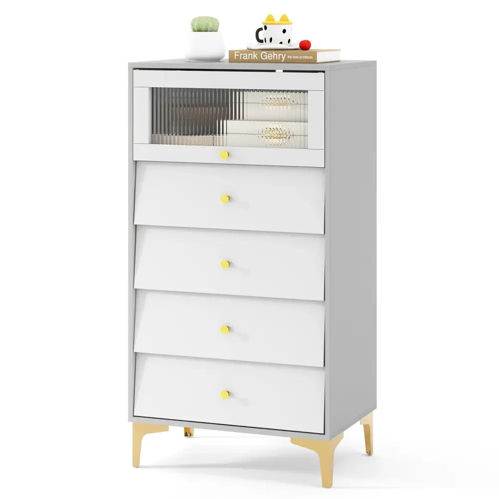 4 Drawer Modern Storage Cabinet with Flip Up Fluted Glass Door-Gray and White - Gray & White - Cabinets & Chests