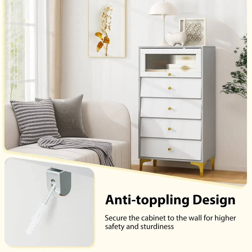 4 Drawer Modern Storage Cabinet with Flip Up Fluted Glass Door-Gray and White - Gray & White - Cabinets & Chests