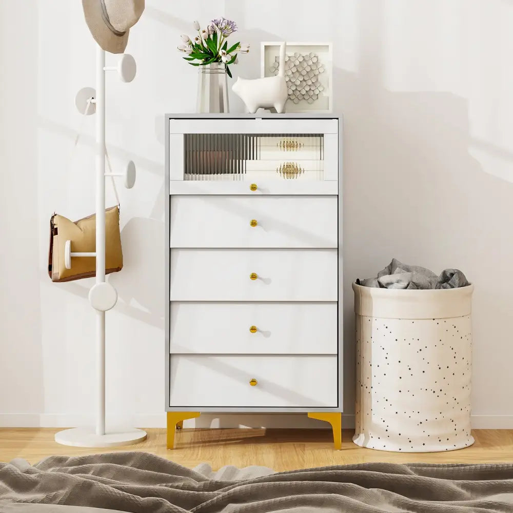 4 Drawer Modern Storage Cabinet with Flip Up Fluted Glass Door-Gray and White - Gray & White - Cabinets & Chests