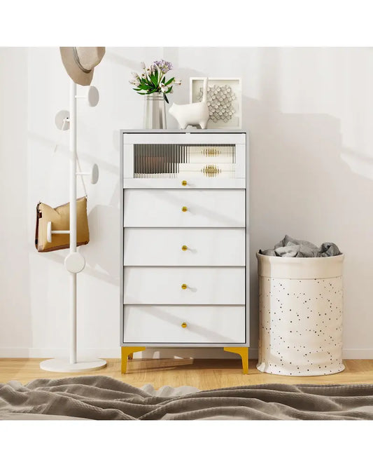 4 Drawer Modern Storage Cabinet with Flip Up Fluted Glass Door-Gray and White - Gray & White - Cabinets & Chests