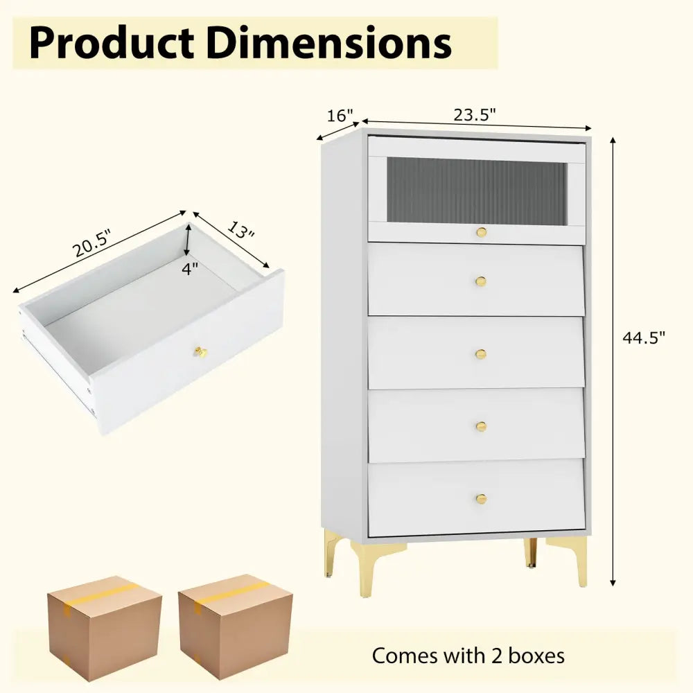4 Drawer Modern Storage Cabinet with Flip Up Fluted Glass Door-Gray and White - Gray & White - Cabinets & Chests