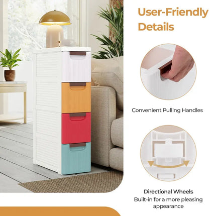 4-Drawer Rolling Organizer Unit Narrow Storage Cabinet with Built-In Wheels for Small Space-Colorful Costway
