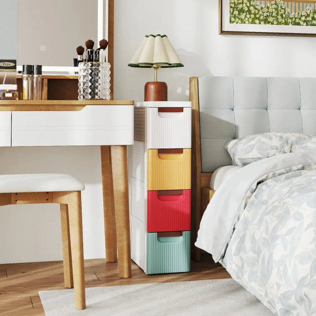 4-Drawer Rolling Organizer Unit Narrow Storage Cabinet with Built-In Wheels for Small Space-Colorful Costway