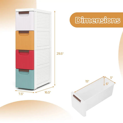 4-Drawer Rolling Organizer Unit Narrow Storage Cabinet with Built-In Wheels for Small Space-Colorful Costway