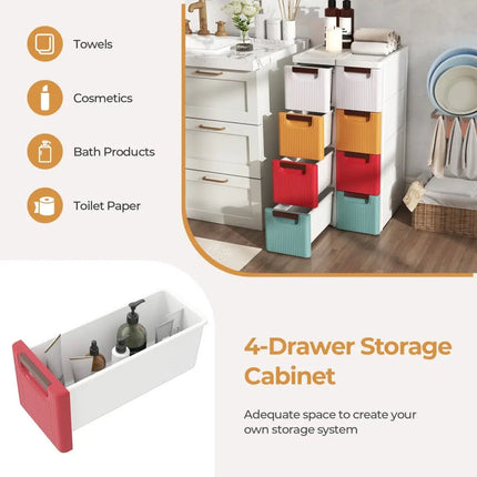 4-Drawer Rolling Organizer Unit Narrow Storage Cabinet with Built-In Wheels for Small Space-Colorful Costway