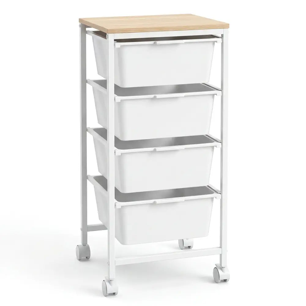 4-Drawer Rolling Storage Cart Mobile Utility Organizer with Wooden Tabletop and Lockable Wheels-White - White - File