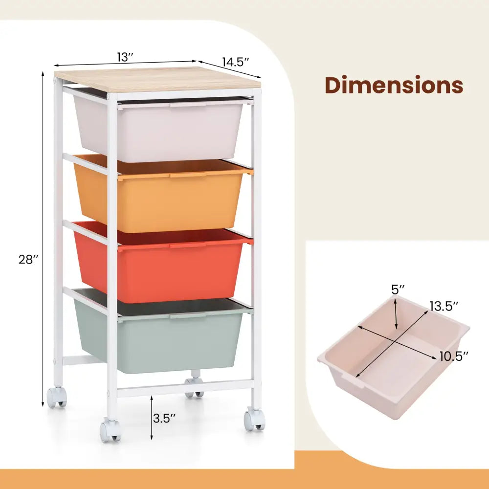 4-Drawer Rolling Storage Cart Mobile Utility Organizer with Wooden Tabletop and Lockable Wheels-Macaron - Macaron