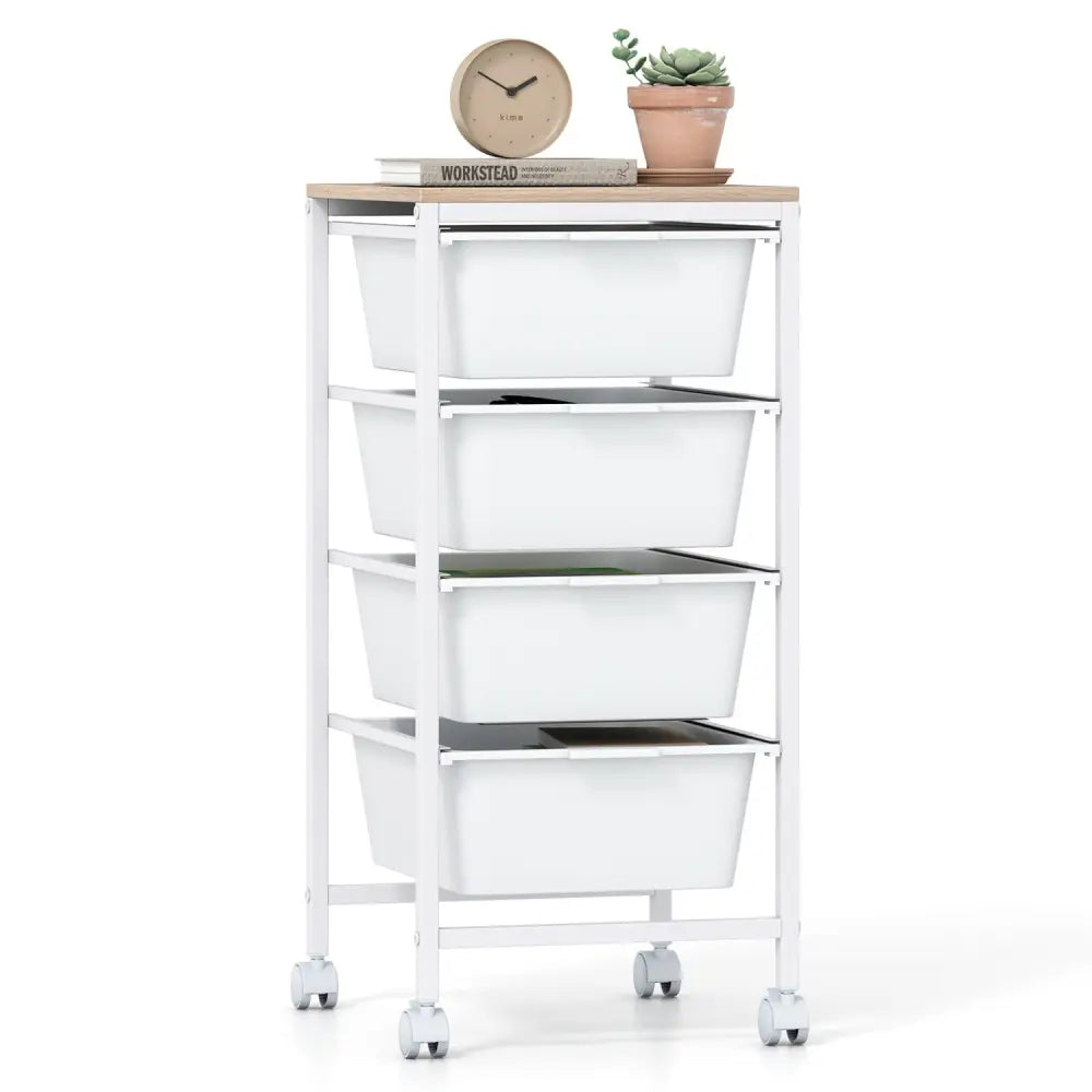 4-Drawer Rolling Storage Cart Mobile Utility Organizer with Wooden Tabletop and Lockable Wheels-White - White - File