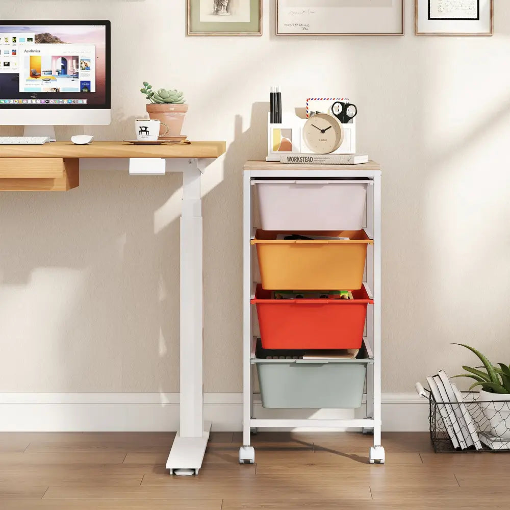 4-Drawer Rolling Storage Cart Mobile Utility Organizer with Wooden Tabletop and Lockable Wheels-Macaron - Macaron