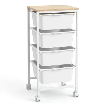 4-Drawer Rolling Storage Cart Mobile Utility Organizer with Wooden Tabletop and Lockable Wheels-White Costway