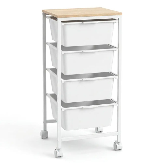 4-Drawer Rolling Storage Cart Mobile Utility Organizer with Wooden Tabletop and Lockable Wheels-White Costway