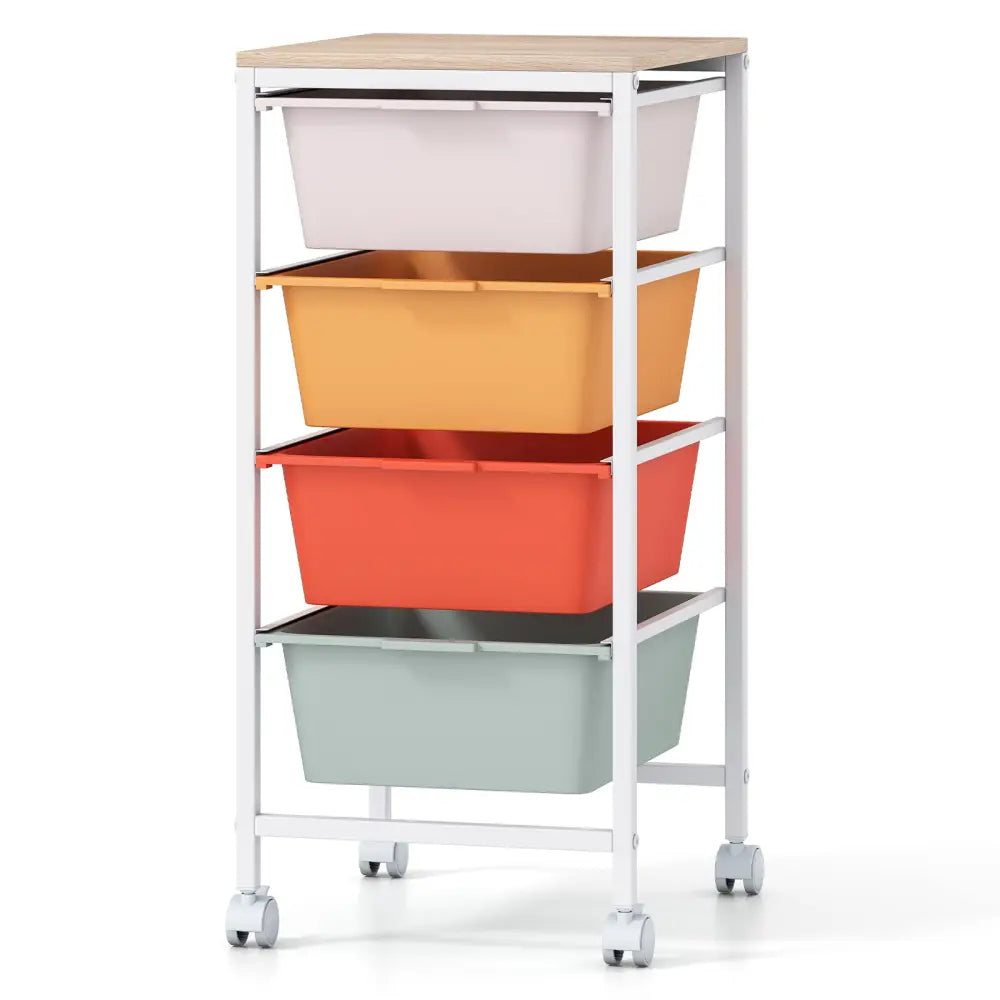 4-Drawer Rolling Storage Cart Mobile Utility Organizer with Wooden Tabletop and Lockable Wheels-Macaron - Macaron