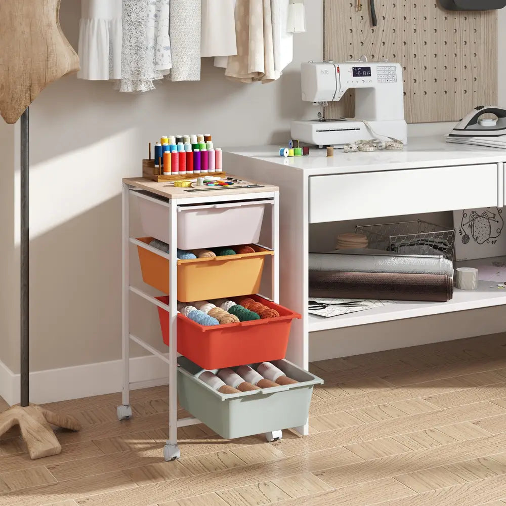 4-Drawer Rolling Storage Cart Mobile Utility Organizer with Wooden Tabletop and Lockable Wheels-Macaron - Macaron