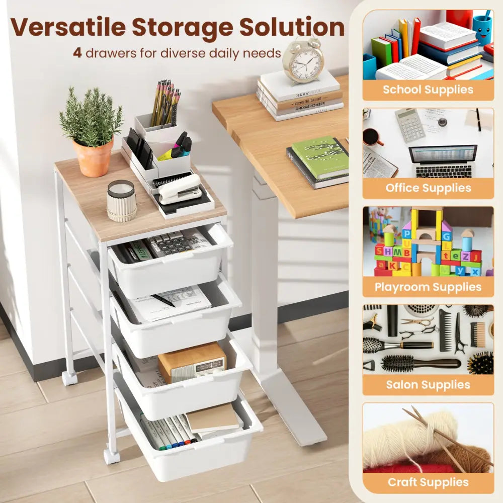 4-Drawer Rolling Storage Cart Mobile Utility Organizer with Wooden Tabletop and Lockable Wheels-White - White - File