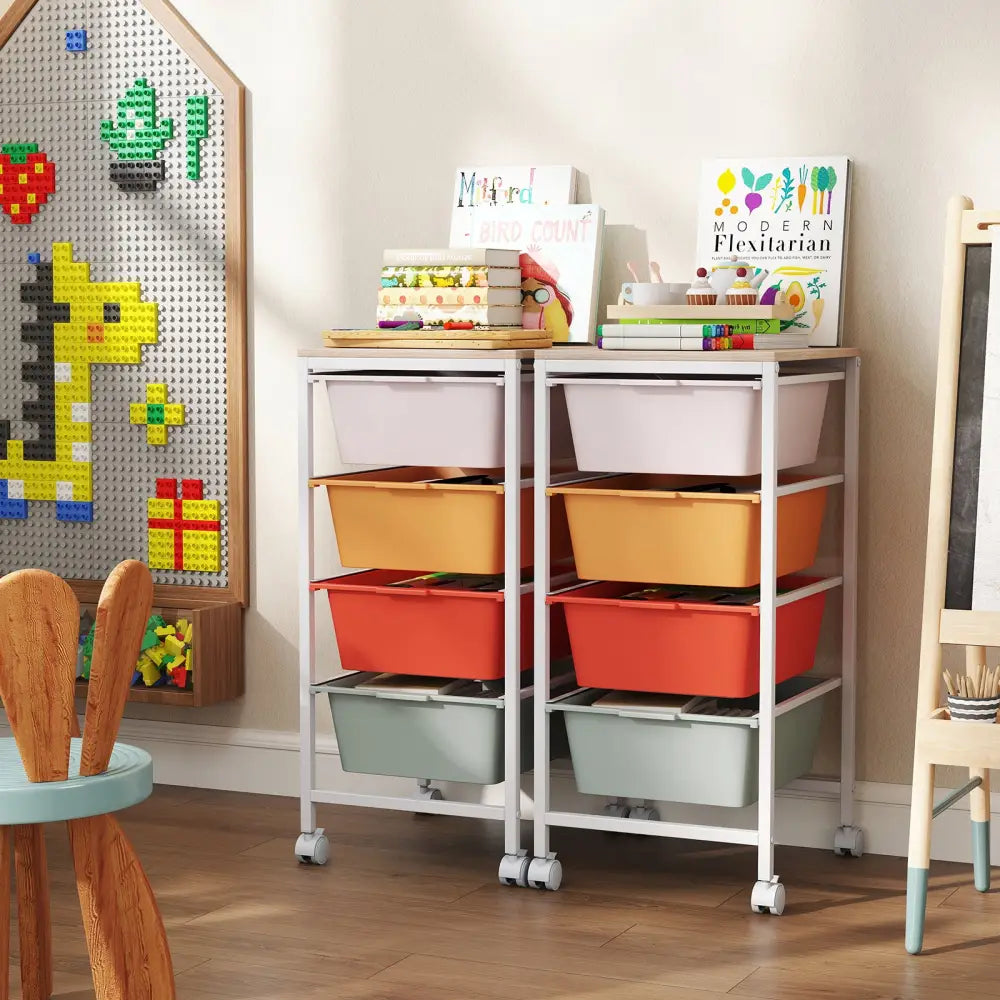 4-Drawer Rolling Storage Cart Mobile Utility Organizer with Wooden Tabletop and Lockable Wheels-Macaron - Macaron