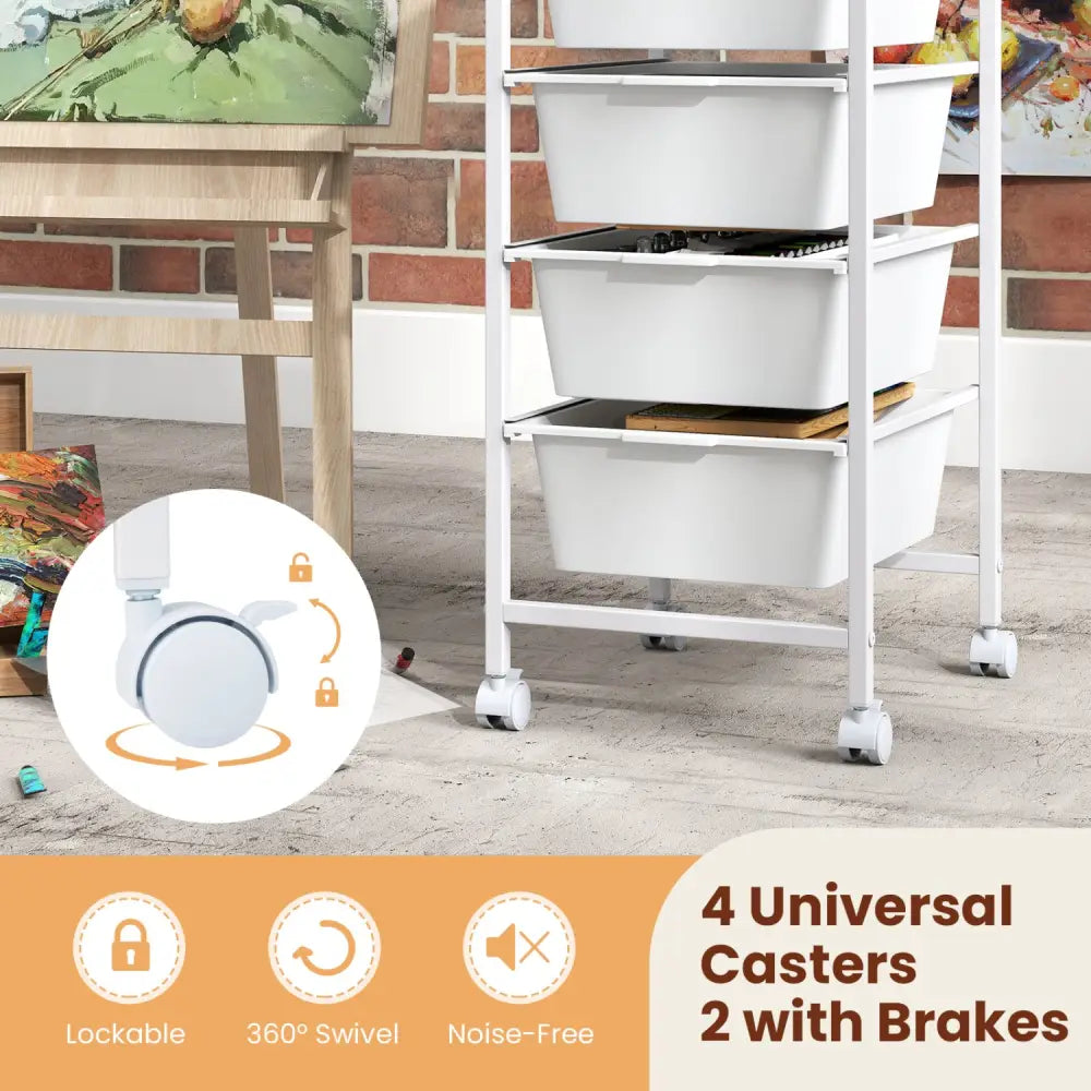 4-Drawer Rolling Storage Cart Mobile Utility Organizer with Wooden Tabletop and Lockable Wheels-White - White - File