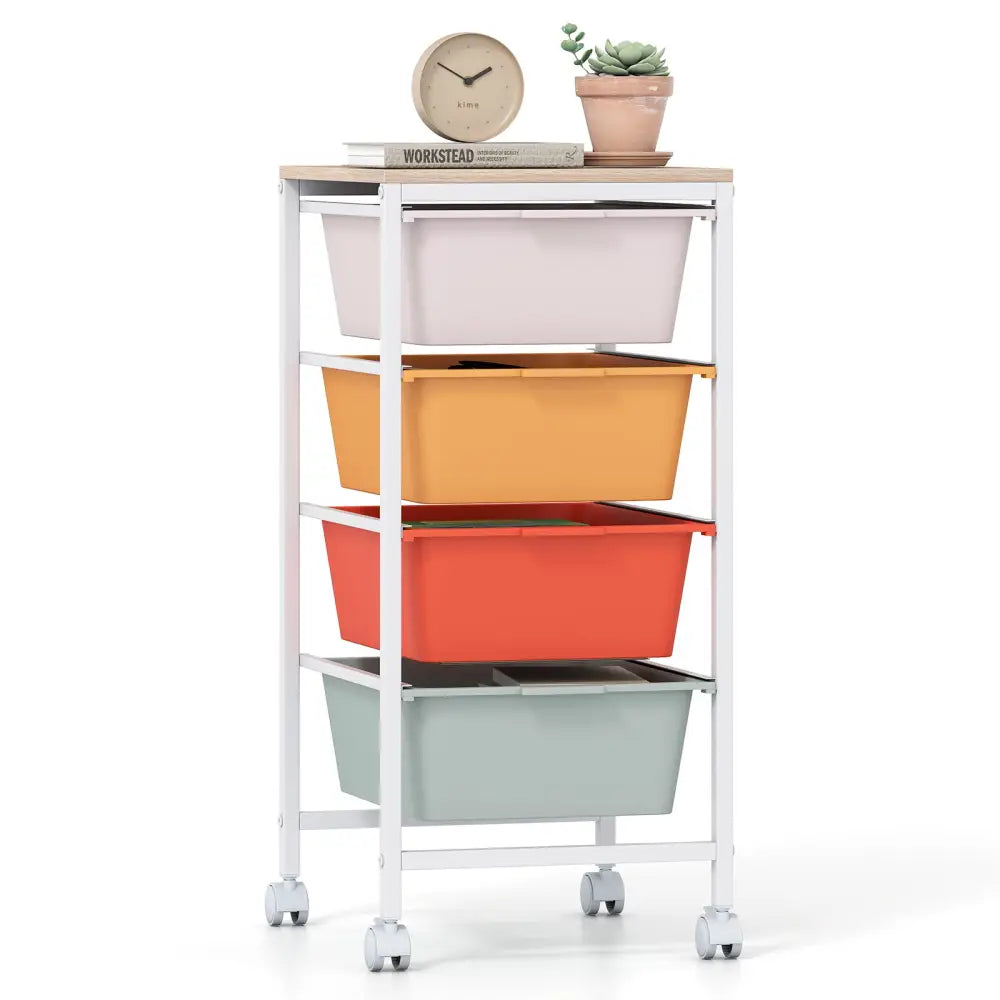 4-Drawer Rolling Storage Cart Mobile Utility Organizer with Wooden Tabletop and Lockable Wheels-Macaron - Macaron