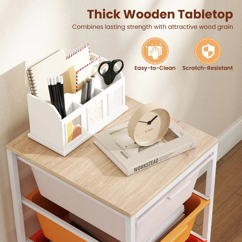 4-Drawer Rolling Storage Cart Mobile Utility Organizer with Wooden Tabletop and Lockable Wheels-Macaron - Macaron