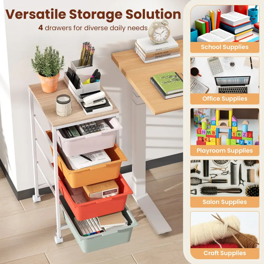 4-Drawer Rolling Storage Cart Mobile Utility Organizer with Wooden Tabletop and Lockable Wheels-Macaron - Macaron