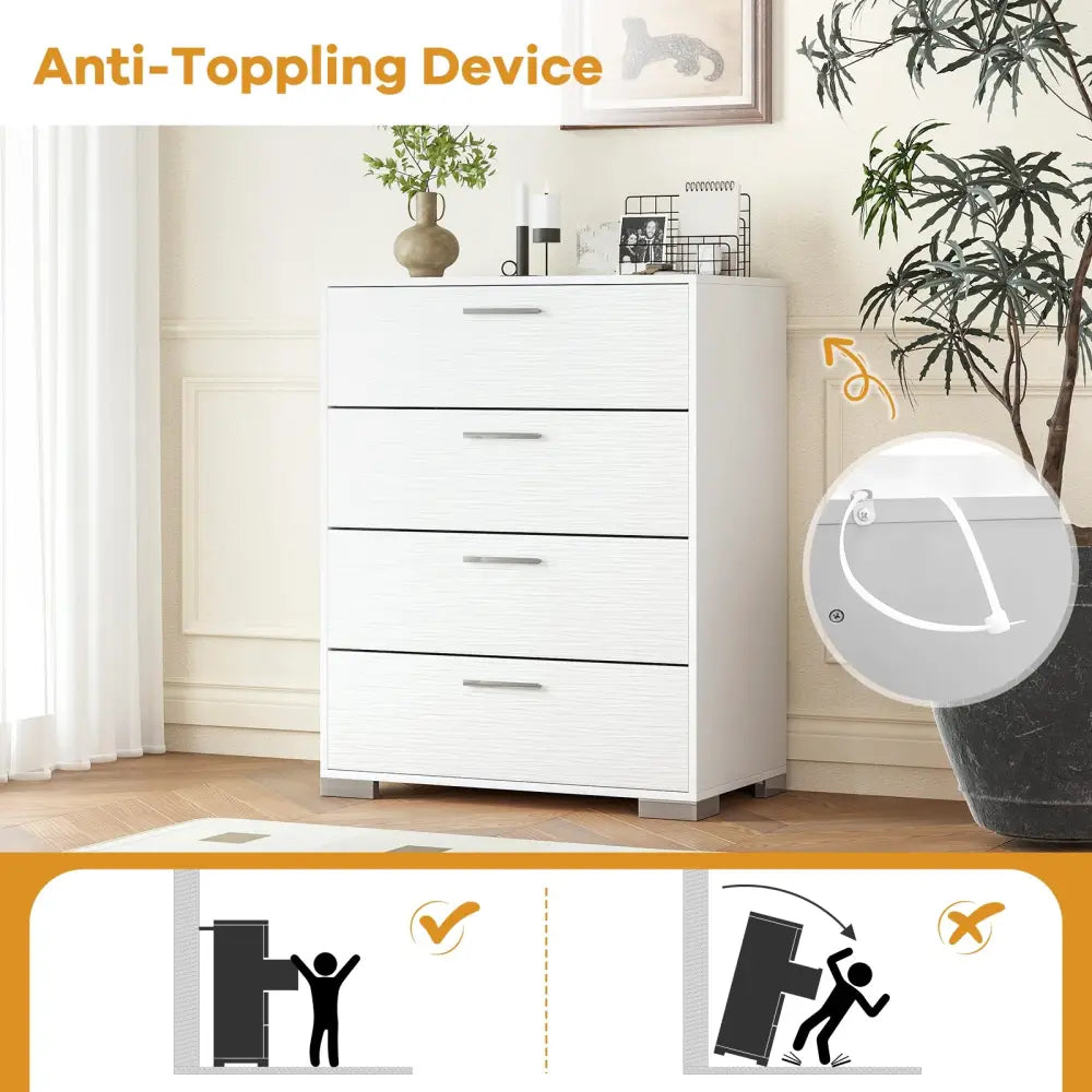 4 Drawer Storage Cabinet with Metal Legs Handles with Anti-Toppling Devices-White - White - Cabinets & Chests