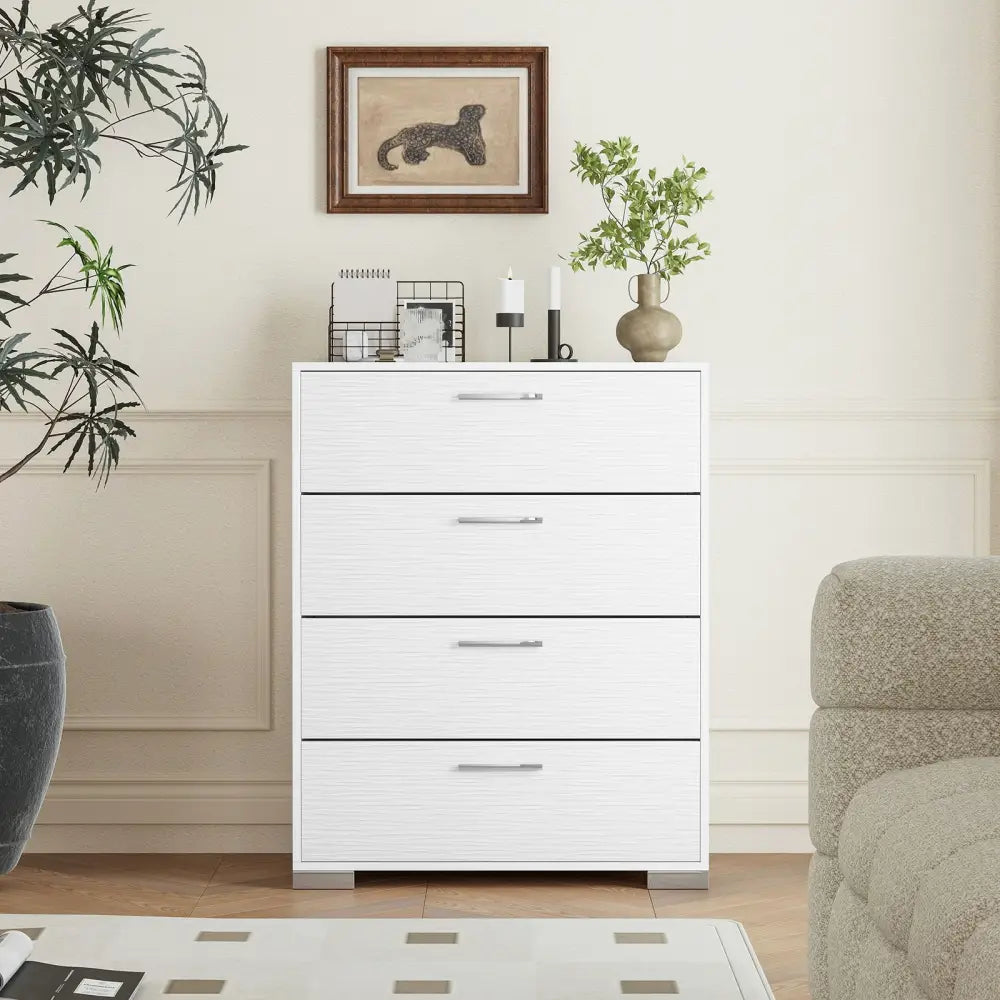 4 Drawer Storage Cabinet with Metal Legs Handles with Anti-Toppling Devices-White - White - Cabinets & Chests