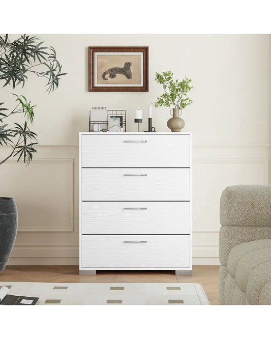 4 Drawer Storage Cabinet with Metal Legs Handles with Anti-Toppling Devices-White - White - Cabinets & Chests