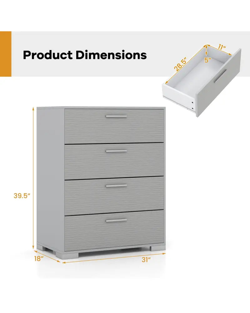 4 Drawer Storage Cabinet with Metal Legs Handles with Anti-Toppling Devices-Gray - Gray - Cabinets & Chests