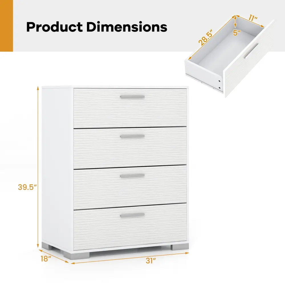 4 Drawer Storage Cabinet with Metal Legs Handles with Anti-Toppling Devices-White - White - Cabinets & Chests