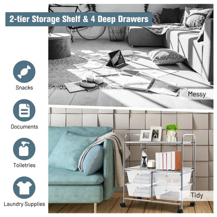 4 Drawers Shelves Rolling Storage Cart Rack-Clear Costway