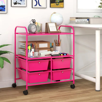 4 Drawers Shelves Rolling Storage Cart Rack-Hot Pink Costway