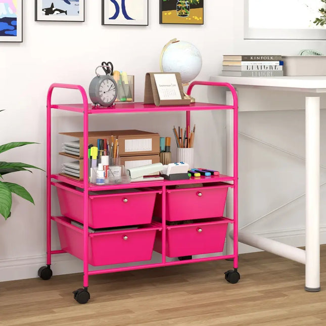 4 Drawers Shelves Rolling Storage Cart Rack-Hot Pink Costway