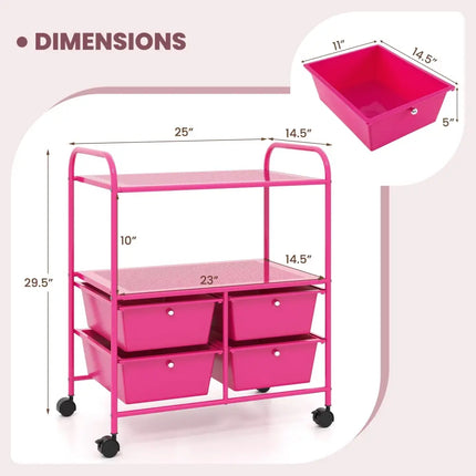4 Drawers Shelves Rolling Storage Cart Rack-Hot Pink Costway