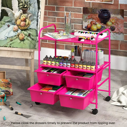 4 Drawers Shelves Rolling Storage Cart Rack-Hot Pink Costway