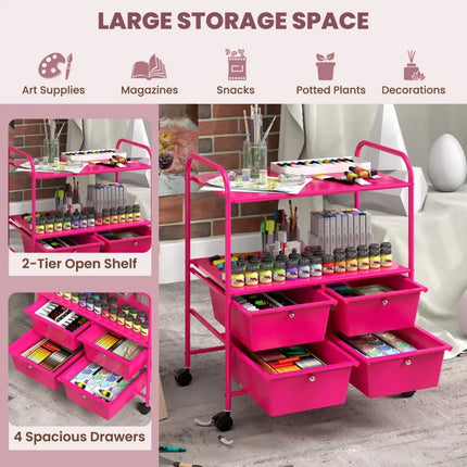 4 Drawers Shelves Rolling Storage Cart Rack-Hot Pink Costway