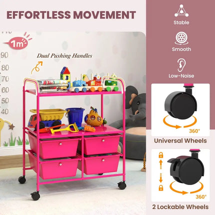 4 Drawers Shelves Rolling Storage Cart Rack-Hot Pink Costway