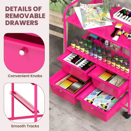 4 Drawers Shelves Rolling Storage Cart Rack-Hot Pink Costway