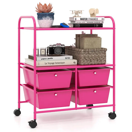 4 Drawers Shelves Rolling Storage Cart Rack-Hot Pink Costway