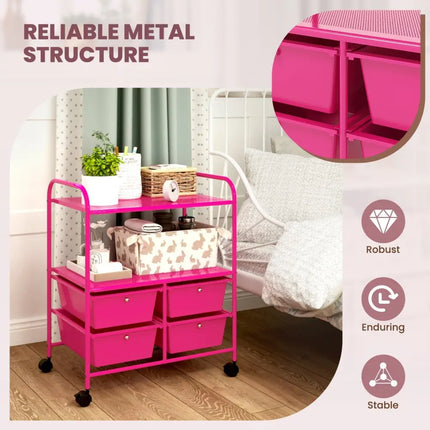 4 Drawers Shelves Rolling Storage Cart Rack-Hot Pink Costway