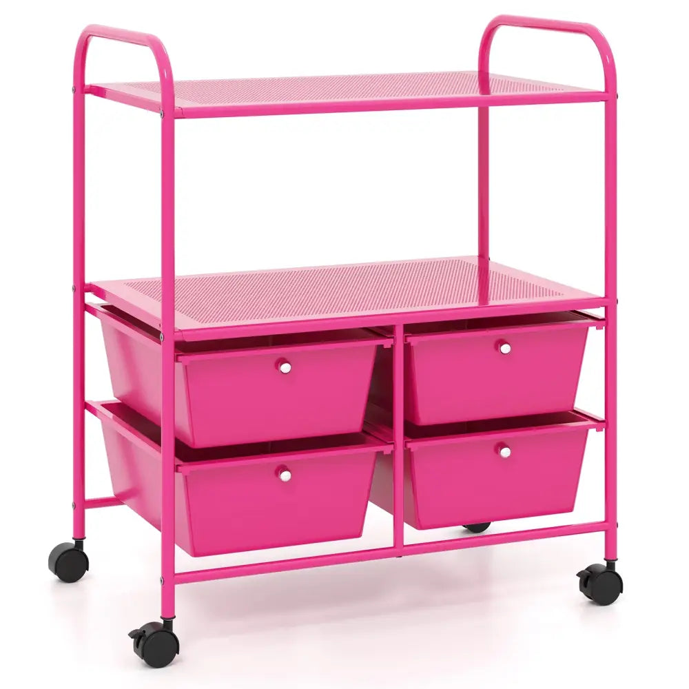 4 Drawers Shelves Rolling Storage Cart Rack-Hot Pink - Pink - File Cabinets