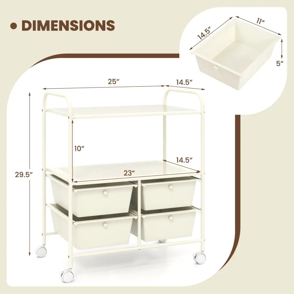 4 Drawers Shelves Rolling Storage Cart Rack-White - White - File Cabinets