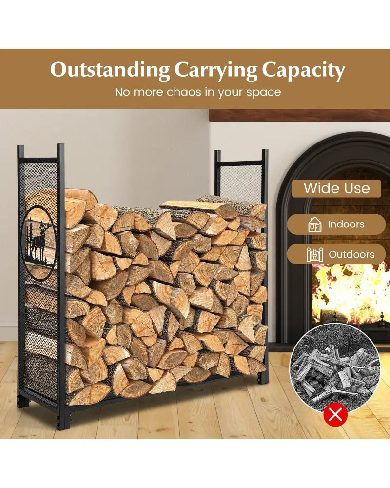 4 Feet Firewood Rack Stand with Mesh Sides - Black - Log Storage