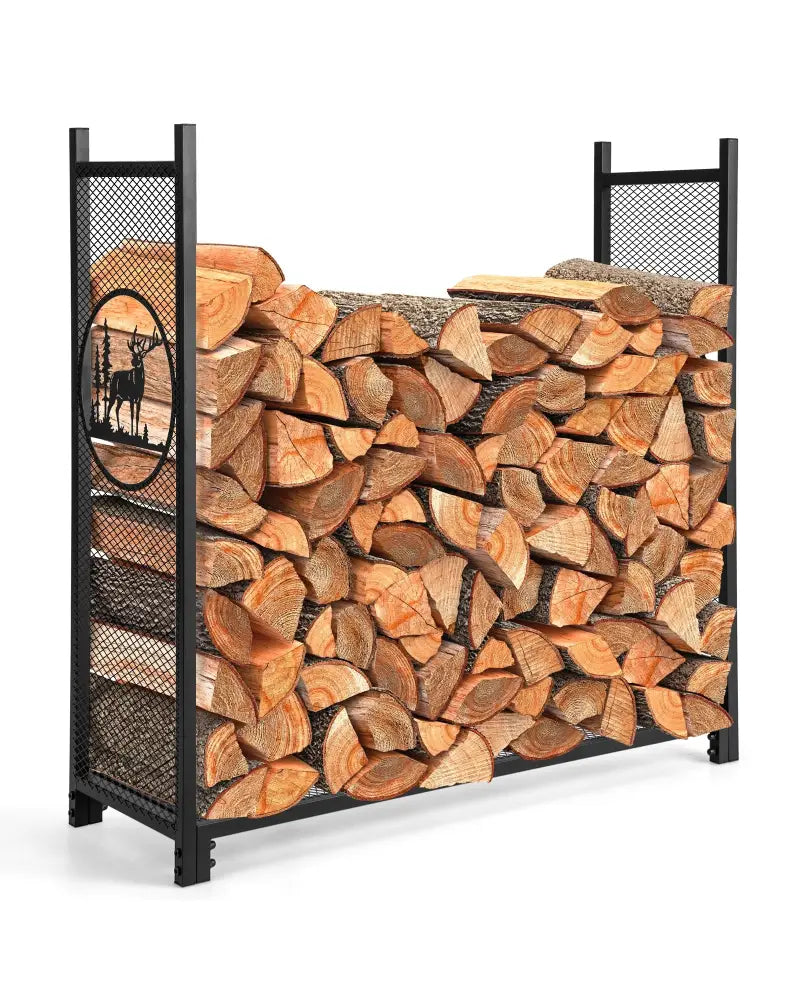 4 Feet Firewood Rack Stand with Mesh Sides - Black - Log Storage